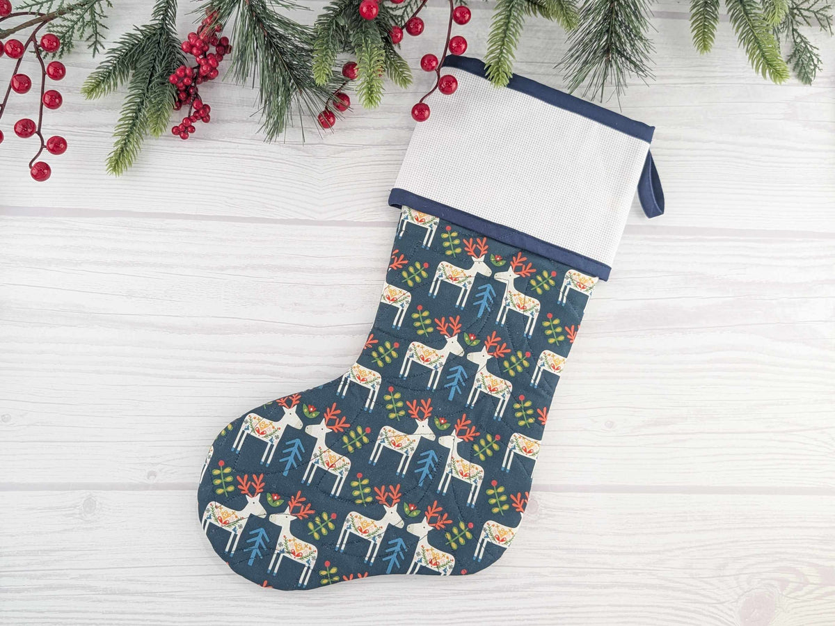 Blank Navy Scandinavian Deer Christmas Stocking with Cross Stitchable Cuff - Straight Style