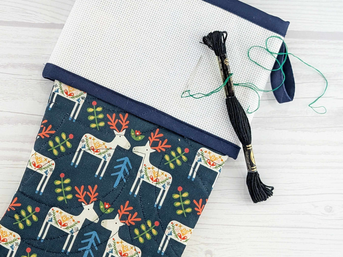 Blank Navy Scandinavian Deer Christmas Stocking with Cross Stitchable Cuff - Straight Style