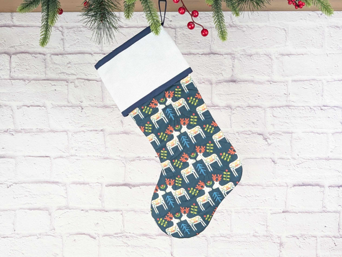 Blank Navy Scandinavian Deer Christmas Stocking with Cross Stitchable Cuff - Straight Style