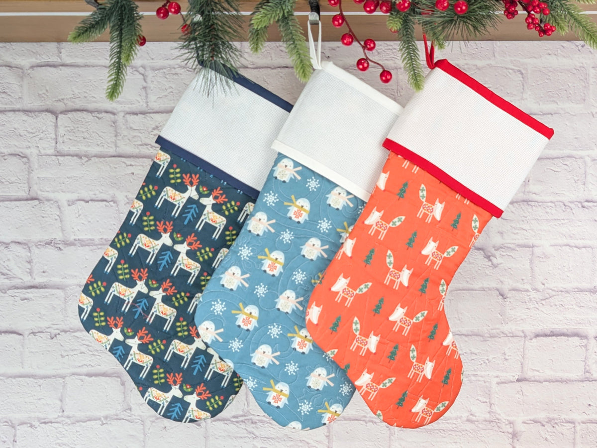 Blank Navy Scandinavian Deer Christmas Stocking with Cross Stitchable Cuff - Straight Style