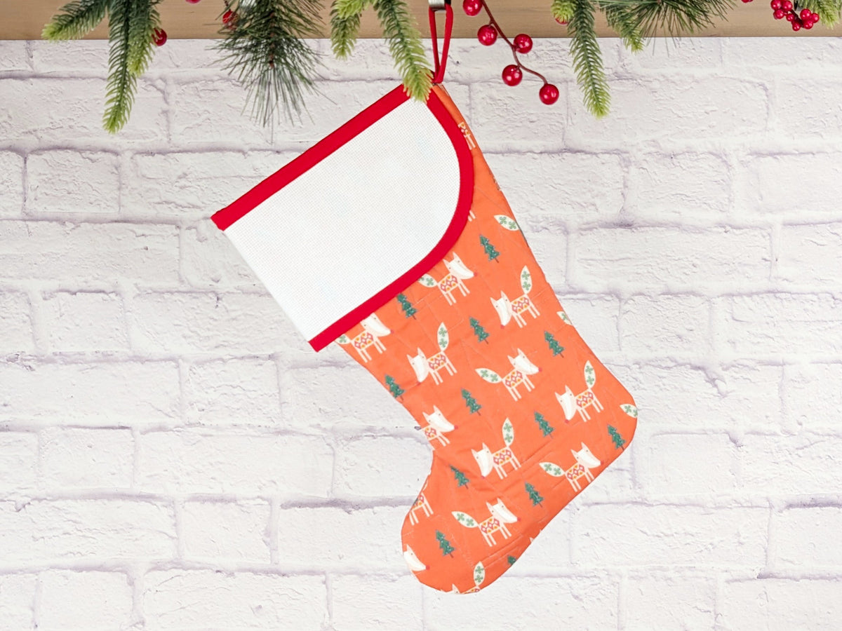 Blank Red Scandinavian Foxes Christmas Stocking with Cross Stitchable Cuff - Curved Style