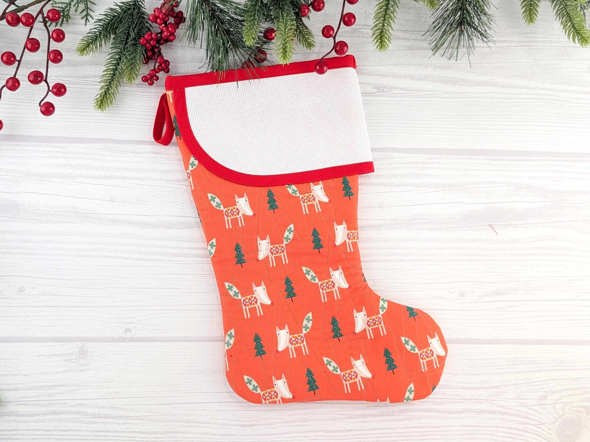 Blank Red Scandinavian Foxes Christmas Stocking with Cross Stitchable Cuff - Curved Style