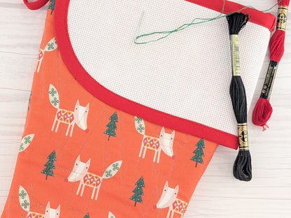 Blank Red Scandinavian Foxes Christmas Stocking with Cross Stitchable Cuff - Curved Style