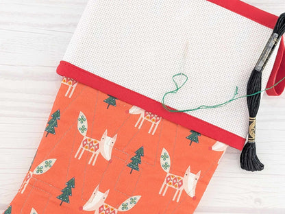 Blank Red Scandinavian Foxes Christmas Stocking with Cross Stitchable Cuff - Straight Style