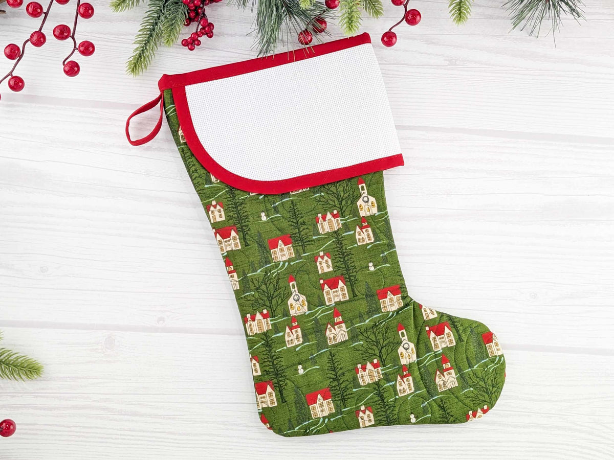 Blank Green Winter Village Christmas Stocking with Cross Stitchable Cuff - Curved Style