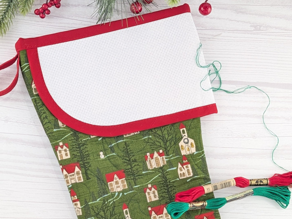 Blank Green Winter Village Christmas Stocking with Cross Stitchable Cuff - Curved Style