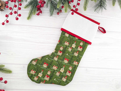 Blank Green Winter Village Christmas Stocking with Cross Stitchable Cuff - Straight Style
