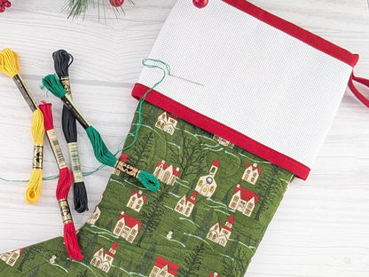 Blank Green Winter Village Christmas Stocking with Cross Stitchable Cuff - Straight Style