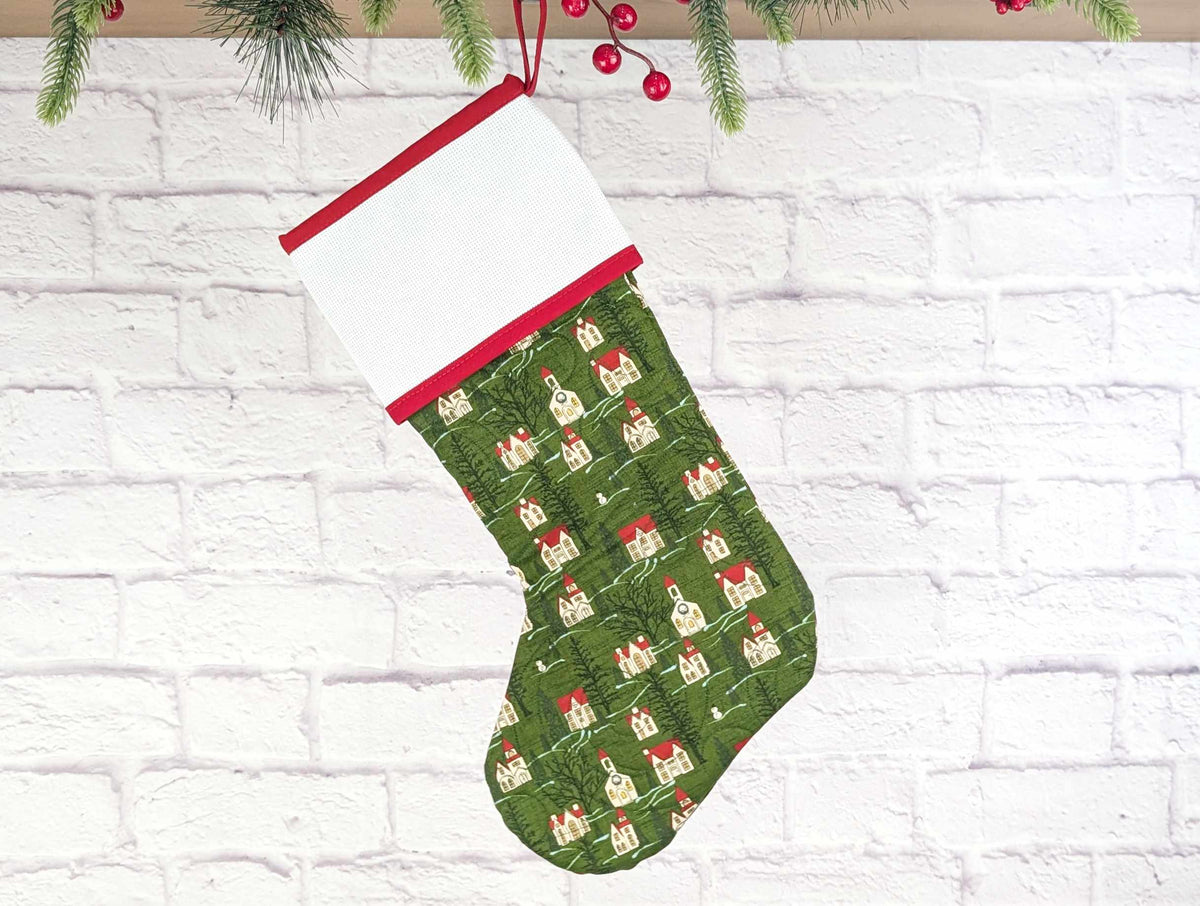 Blank Green Winter Village Christmas Stocking with Cross Stitchable Cuff - Straight Style