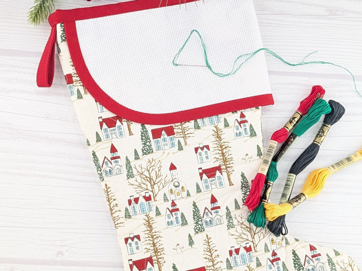 Blank White Winter Village Christmas Stocking with Cross Stitchable Cuff - Curved Style
