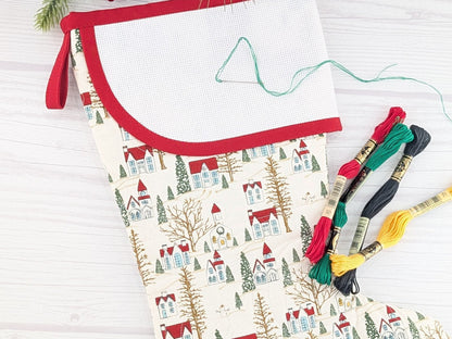 Blank White Winter Village Christmas Stocking with Cross Stitchable Cuff - Curved Style