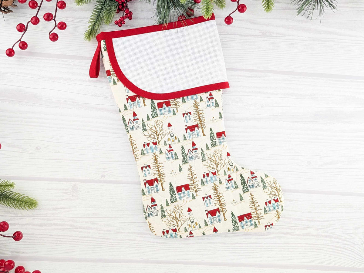 Blank White Winter Village Christmas Stocking with Cross Stitchable Cuff - Curved Style
