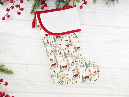 Blank White Winter Village Christmas Stocking with Cross Stitchable Cuff - Curved Style