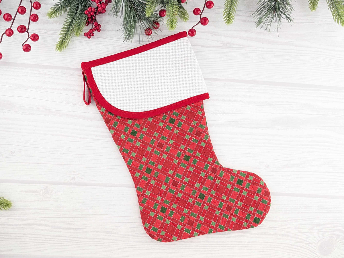 Blank Red Plaid Christmas Stocking with Cross Stitchable Cuff - Curved Style