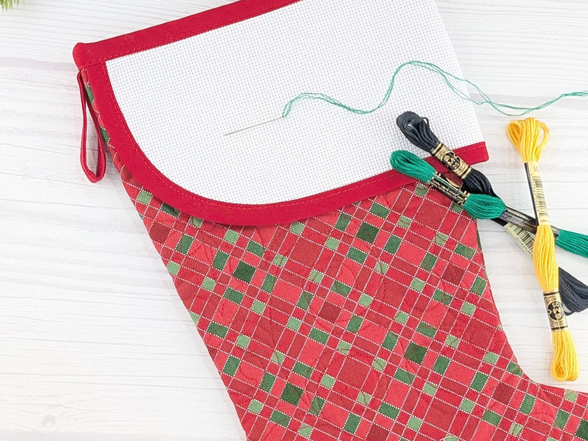 Blank Red Plaid Christmas Stocking with Cross Stitchable Cuff - Curved Style