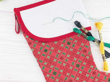 Blank Red Plaid Christmas Stocking with Cross Stitchable Cuff - Curved Style