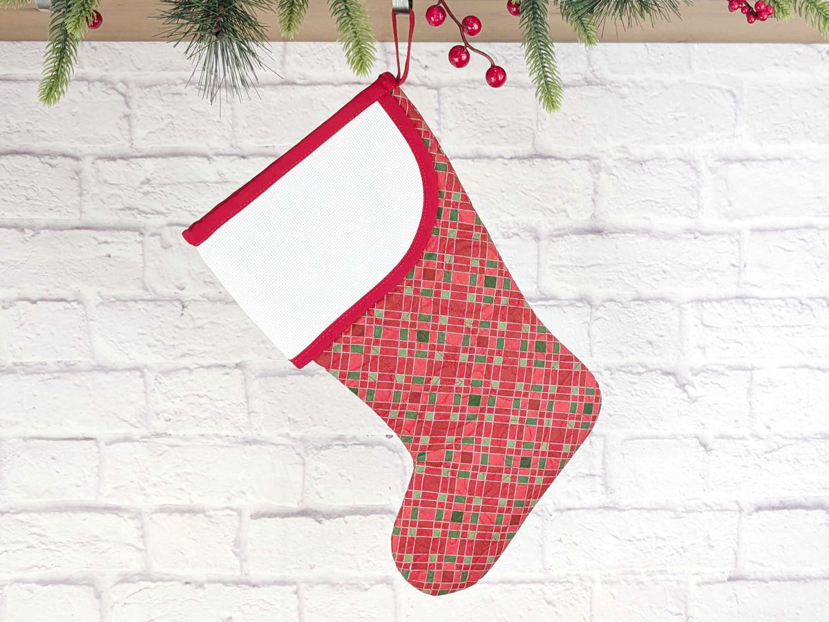 Blank Red Plaid Christmas Stocking with Cross Stitchable Cuff - Curved Style