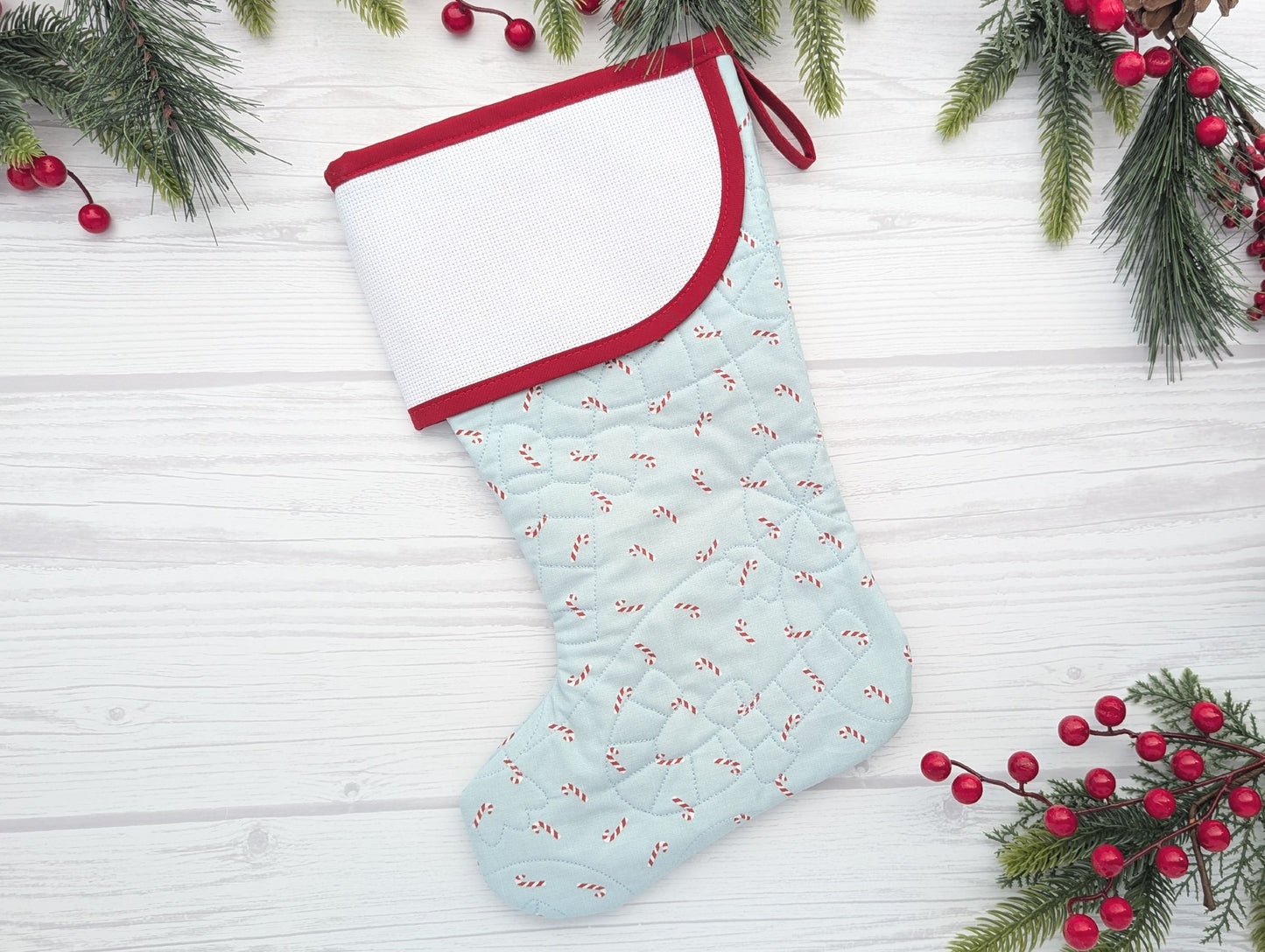 aqua candy canes quilted christmas stocking with blank cross stitch aida cuff