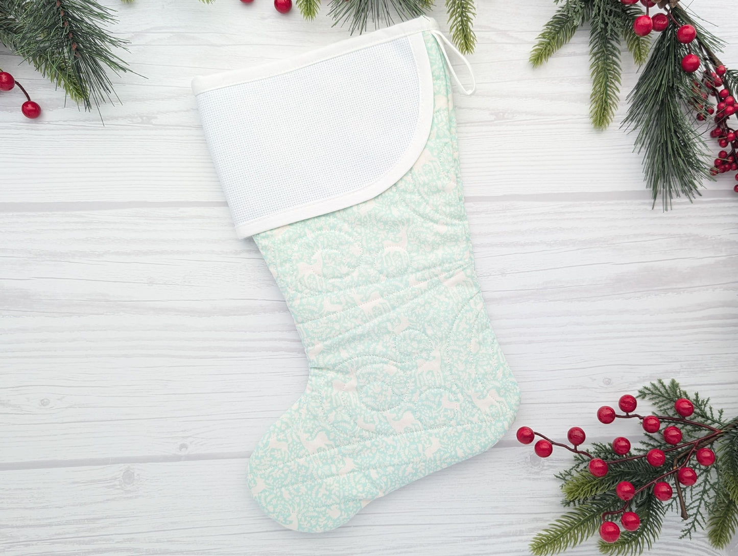 aqua deer quilted christmas stocking with blank cross stitchable aida cuff