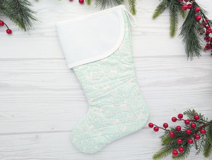 aqua deer quilted christmas stocking with blank cross stitchable aida cuff