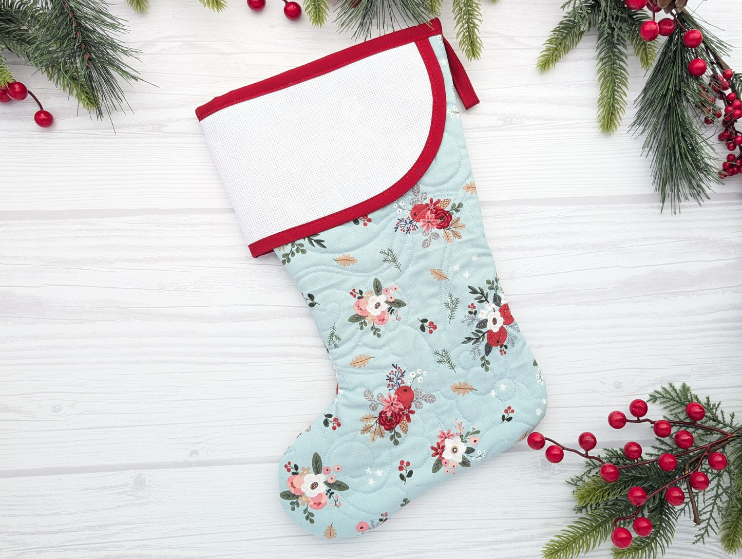 aqua large floral quilted christmas stocking with blank cross stitchable aida cuff