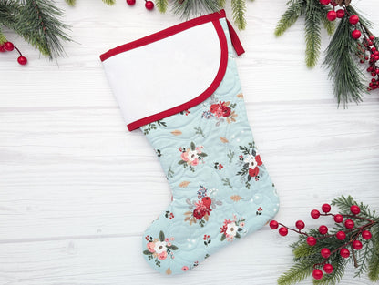 aqua large floral quilted christmas stocking with blank cross stitchable aida cuff