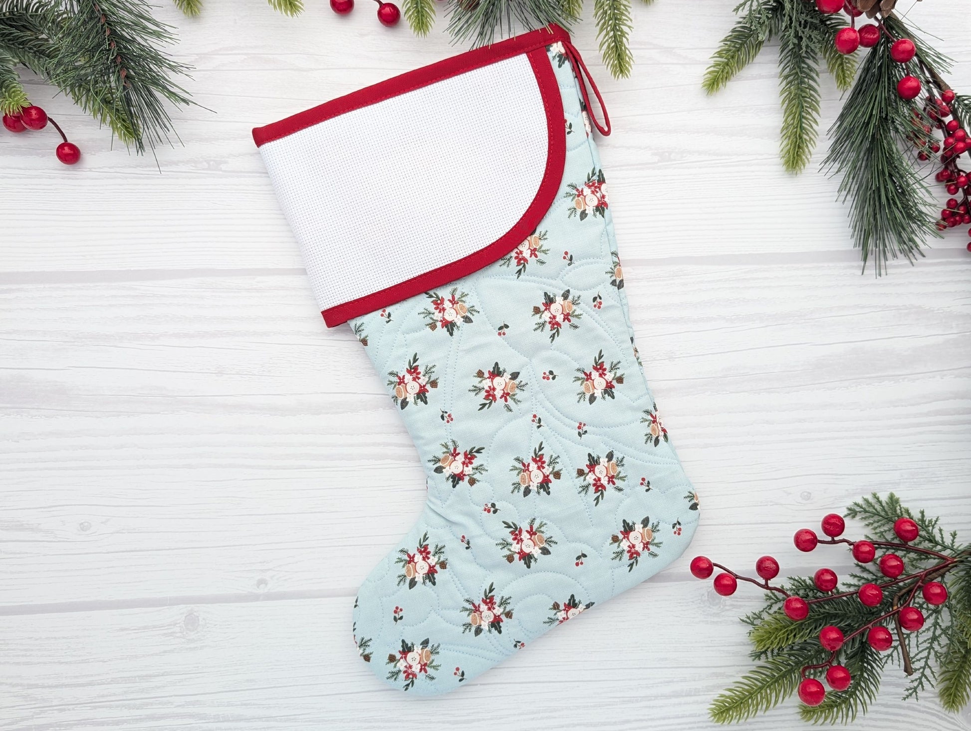 aqua small floral quilted christmas stocking with blank cross stitchable aida cuff