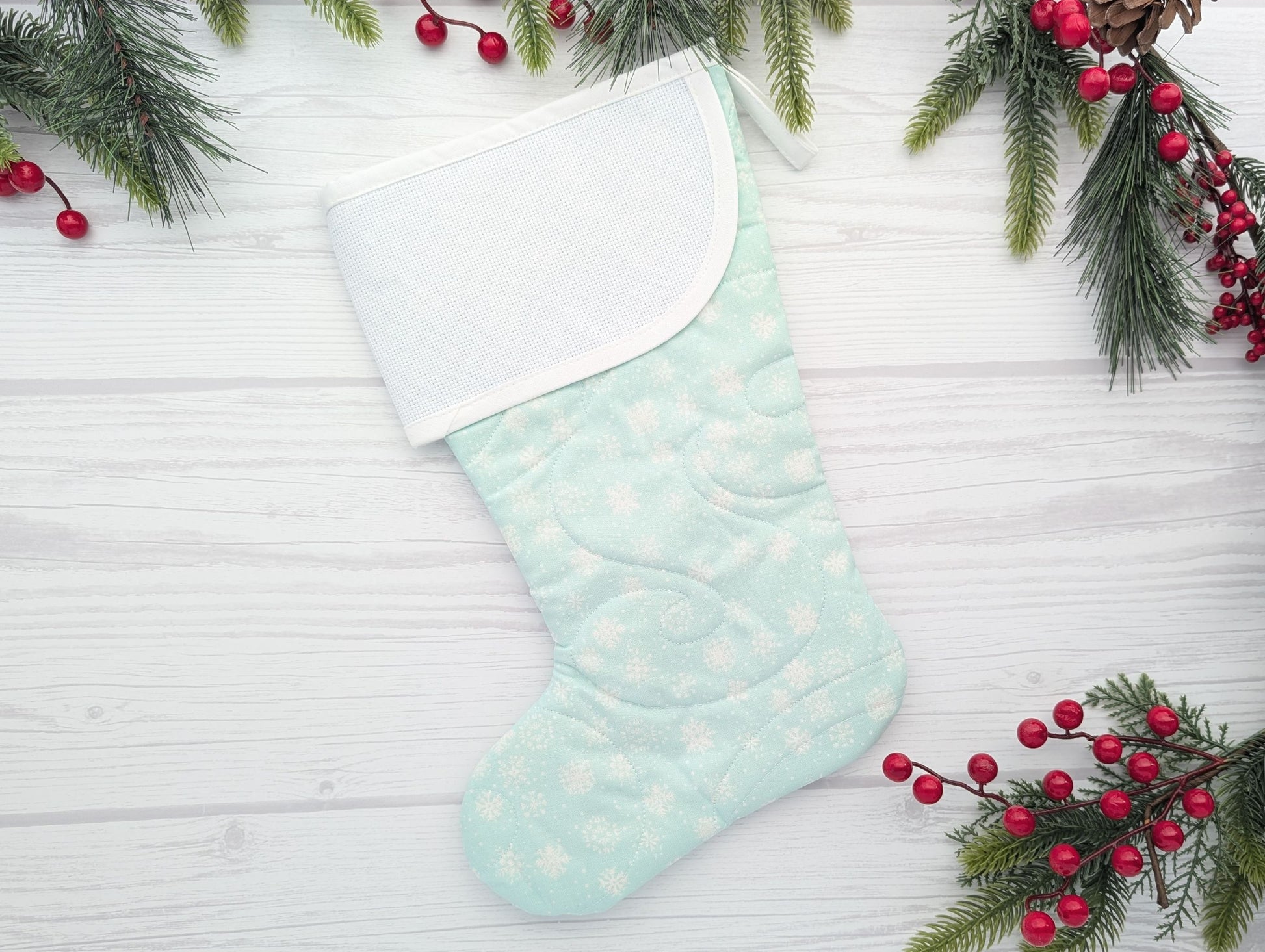 aqua snowflakes quilted christmas stocking with blank cross stitchable aida cuff