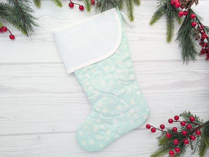 aqua snowflakes quilted christmas stocking with blank cross stitchable aida cuff