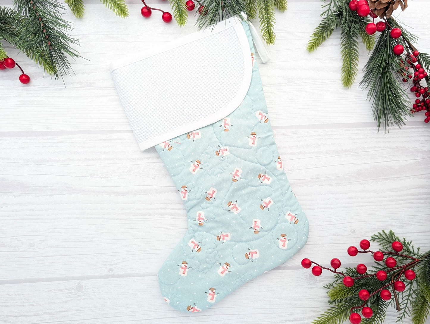 aqua snowmen quilted christmas stocking with blank cross stitch aida cuff