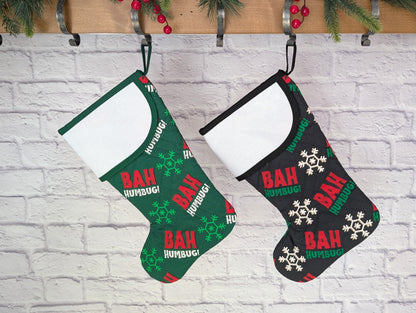 bah humbug green or black Christmas stocking blank cross stitch cuff