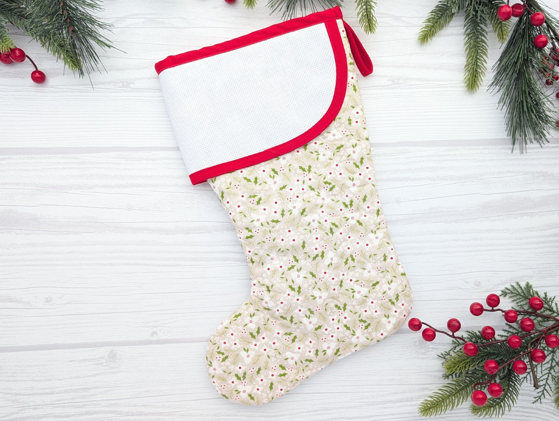 beige tiny florals quilted Christmas stocking with blank cross-stitchable Aida Cuff