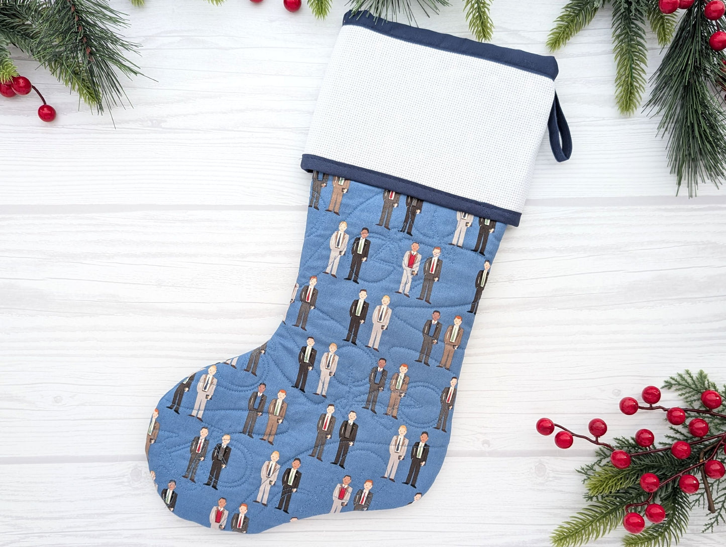 blue elders LDS Missionary quilted Christmas stocking with blank cross stitch Aida cuff