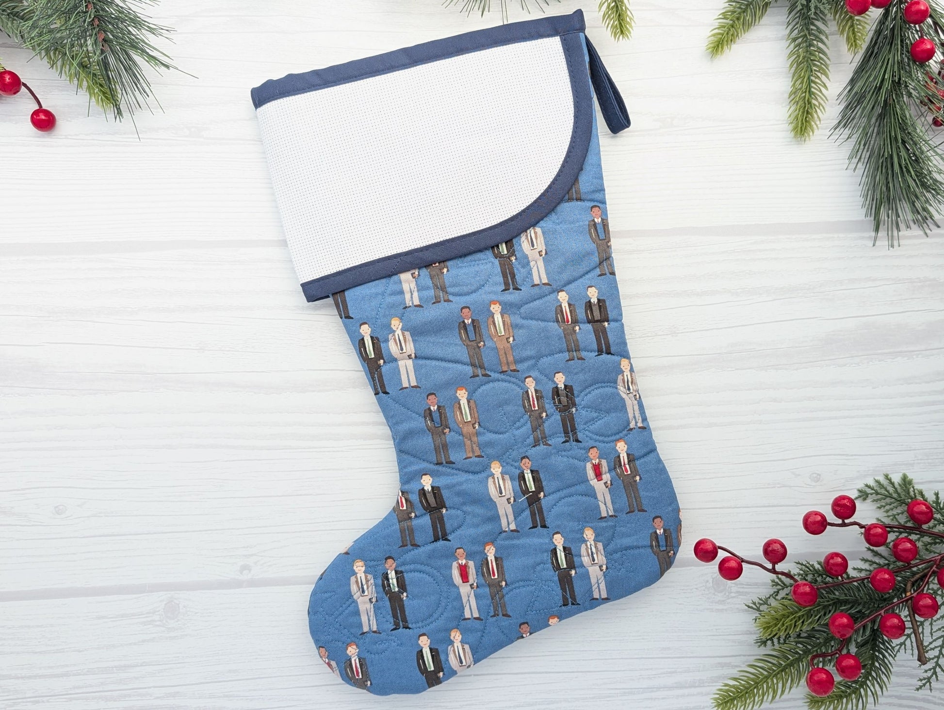 blue elders quilted Christmas stocking with blank cross stitch Aida cuff for LDS missionary