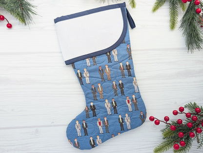 blue elders quilted Christmas stocking with blank cross stitch Aida cuff for LDS missionary