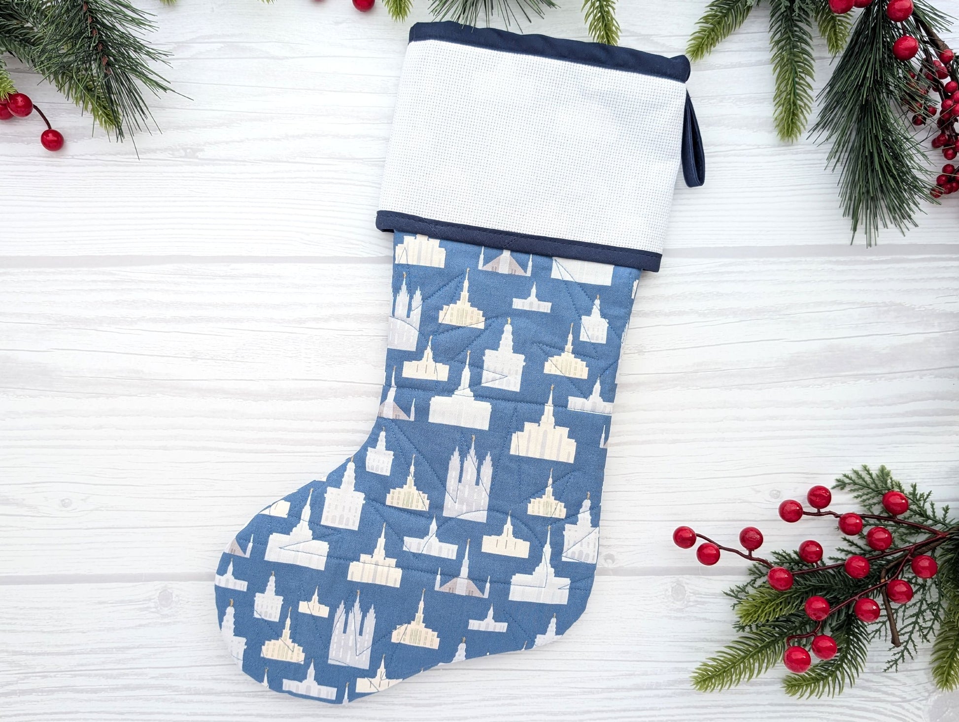 blue temples LDS Missionary quilted Christmas stocking with blank cross stitch Aida cuff