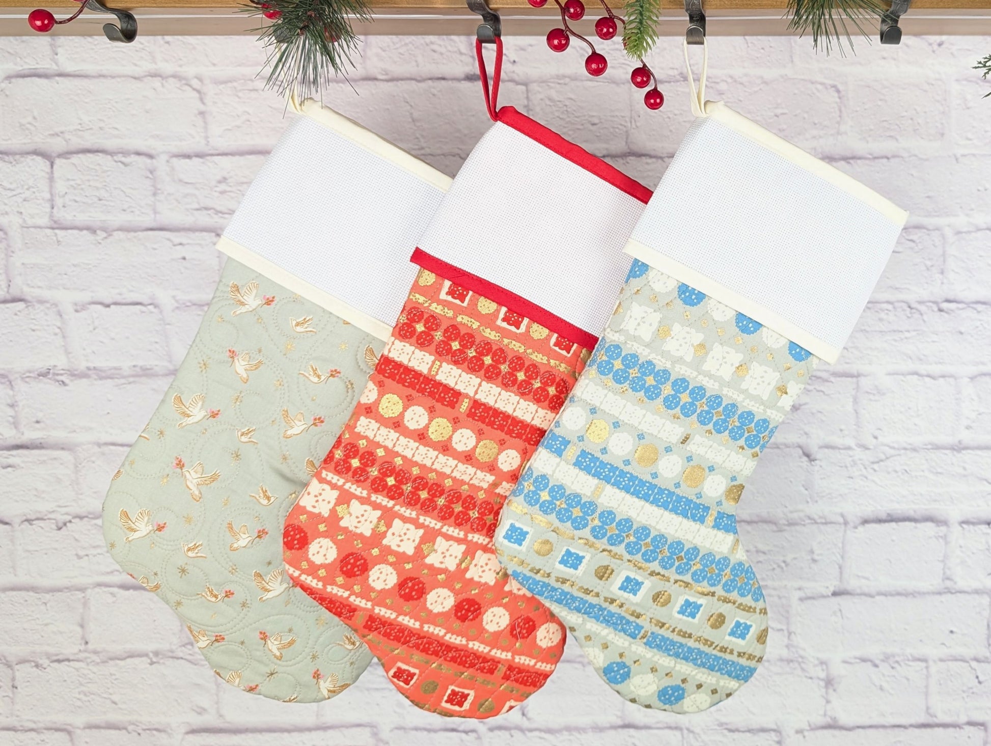 quilted Christmas stocking with blank cross stitch Aida cuff
