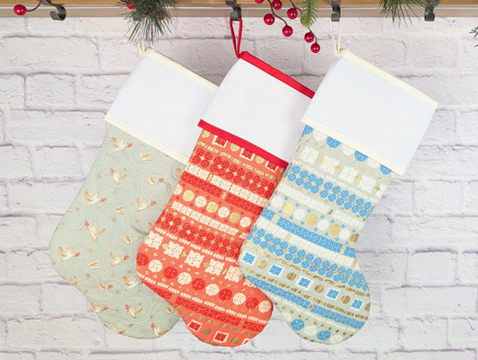 quilted Christmas stocking with blank cross stitch Aida cuff