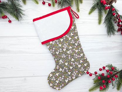 dark gray tiny florals quilted Christmas stocking with blank cross-stitchable Aida Cuff