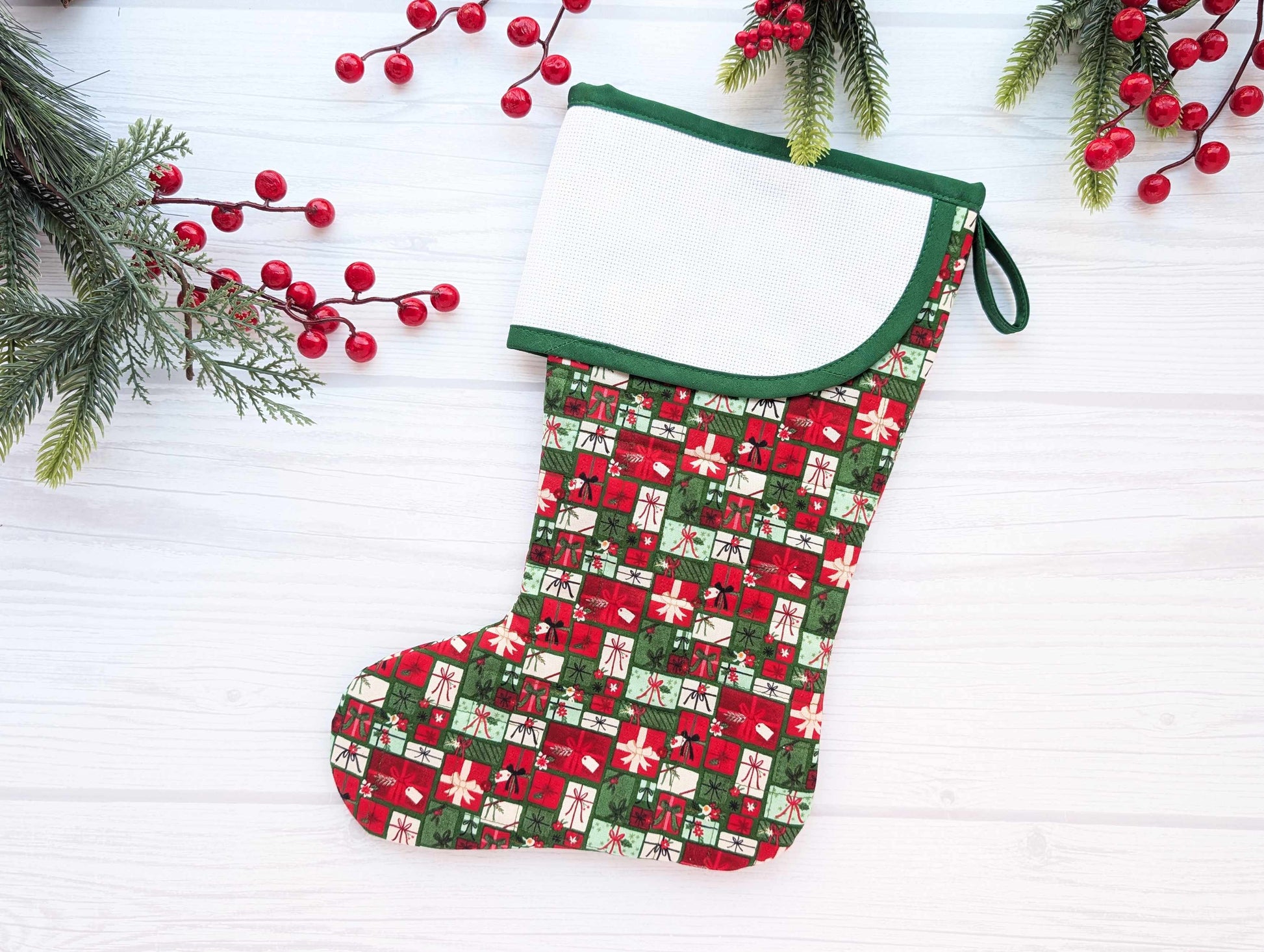 green giftsquilted christmas stocking with blank cross stitch aida cuff