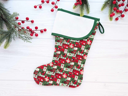 green giftsquilted christmas stocking with blank cross stitch aida cuff