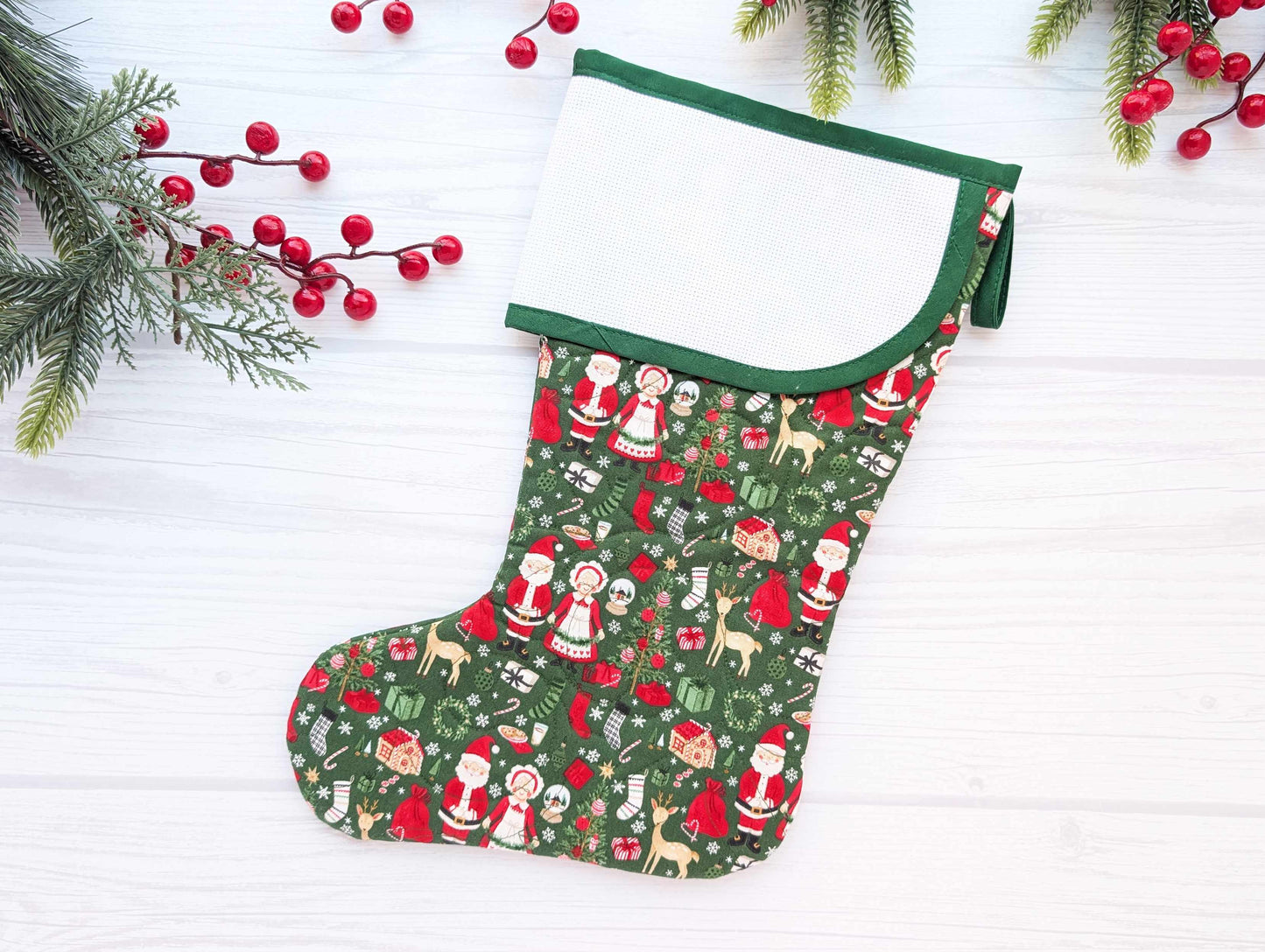 green holiday mix quilted christmas stocking with blank cross stitch aida cuff