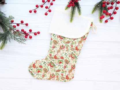 cream floral quilted christmas stocking with blank cross stitch aida cuff