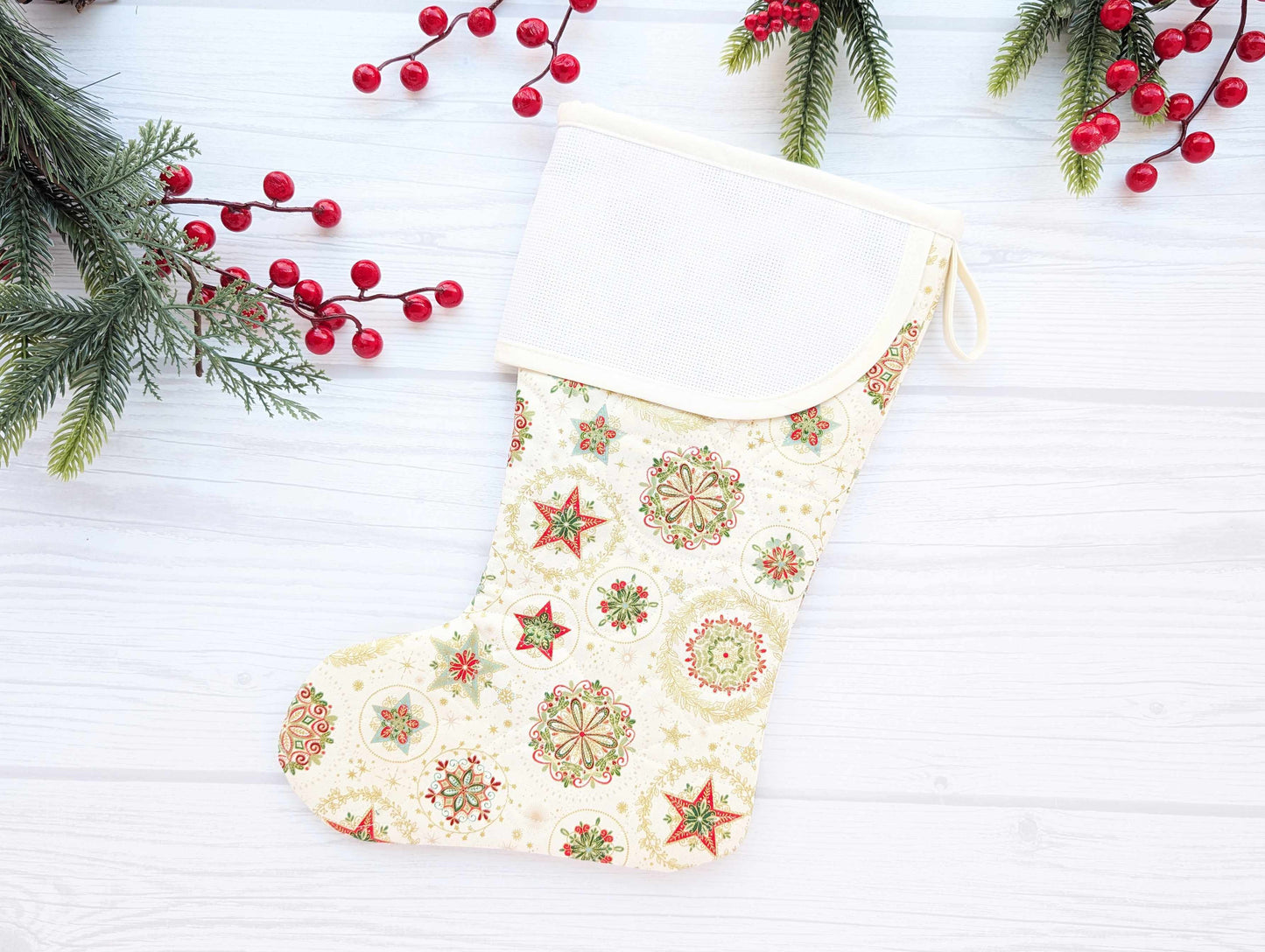 cream snowflakes quilted christmas stocking with blank cross stitch aida cuff