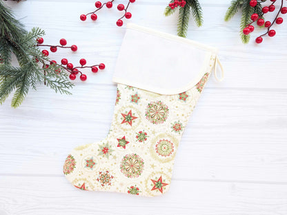cream snowflakes quilted christmas stocking with blank cross stitch aida cuff