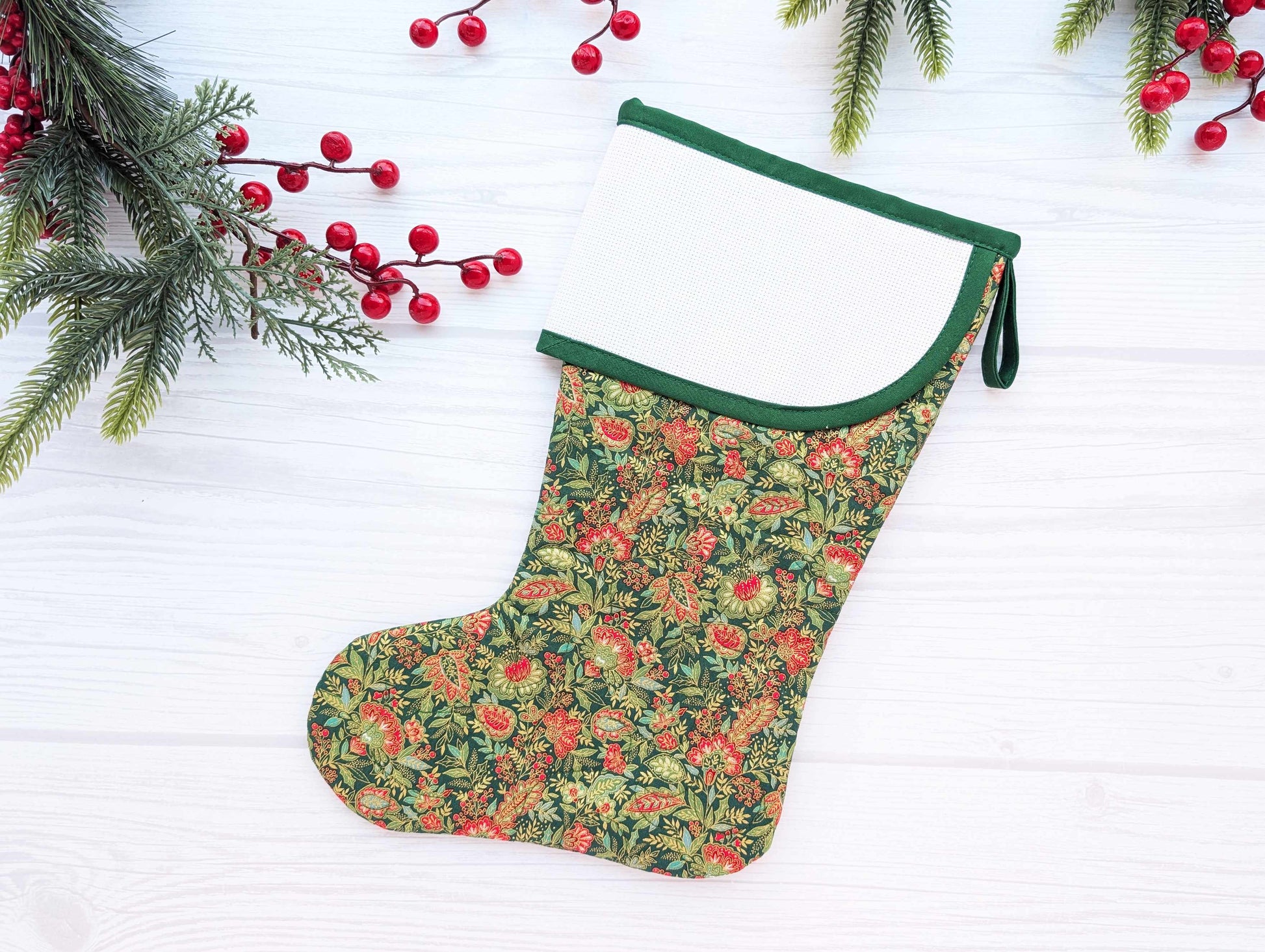 green floral quilted christmas stocking with blank cross stitch aida cuff