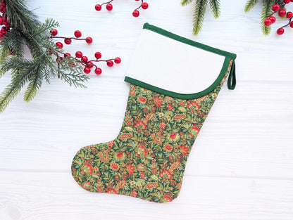 green floral quilted christmas stocking with blank cross stitch aida cuff