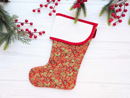 red floral quilted christmas stocking with blank cross stitch aida cuff