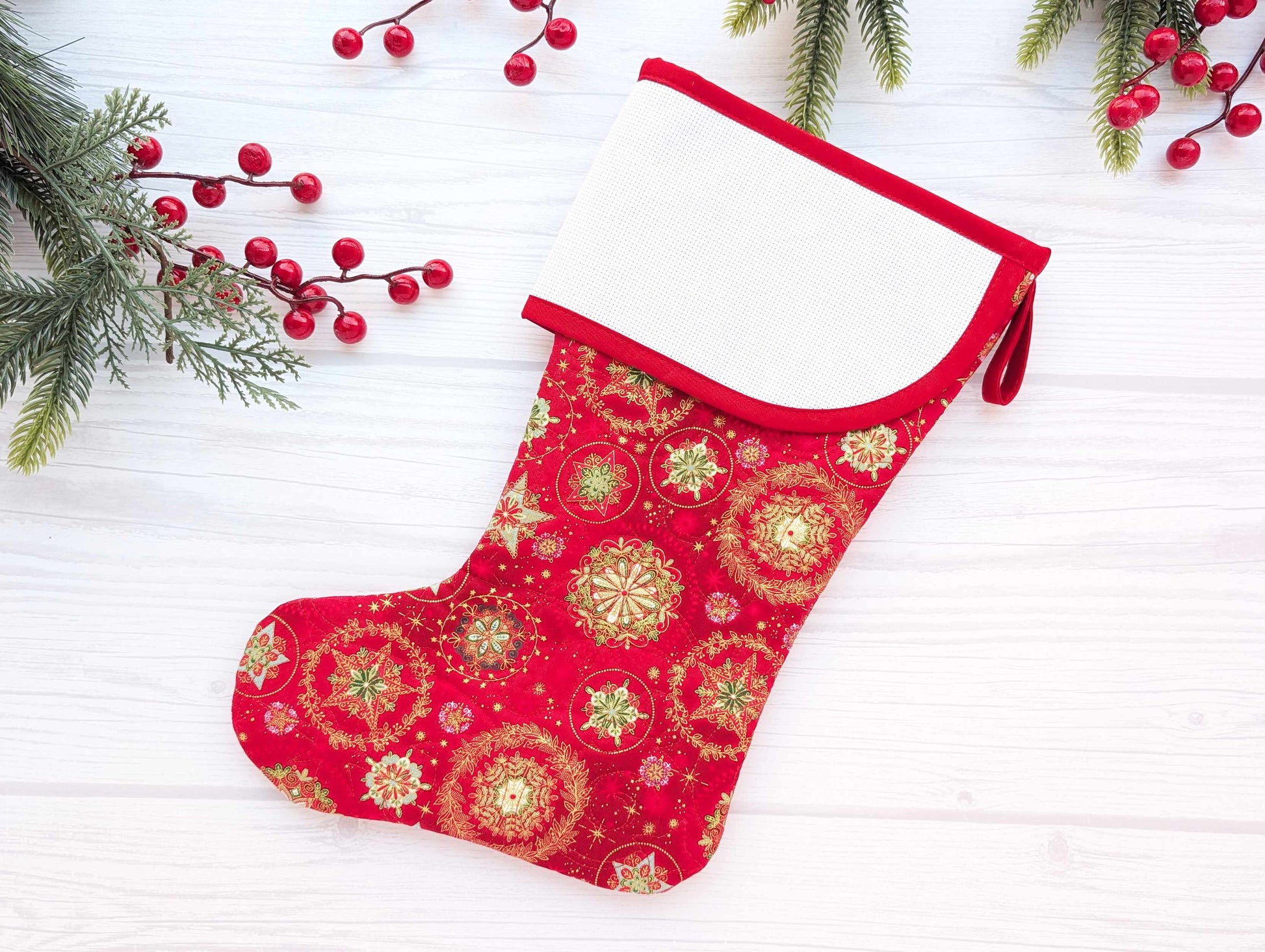 red snowflakes quilted christmas stocking with blank cross stitch aida cuff