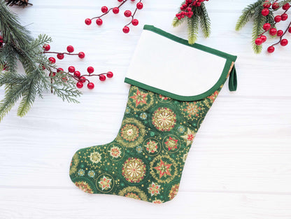 green snowflakes quilted christmas stocking with blank cross stitch aida cuff